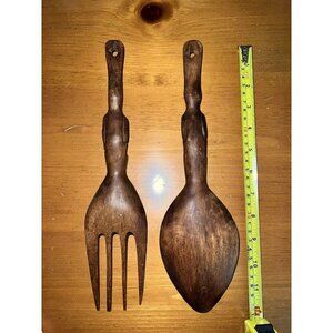 Vintage Wooden Salad Fork And Salad Spoon Set Tribal Person Sitting 12 Inches